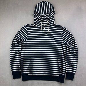 J Crew Mens Sweater Large Navy Blue Striped Hoodie Long Sleeve Vintage Fleece